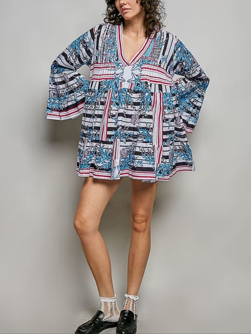 316.POL Printed V-Neck Tunic Dress in Blue & White